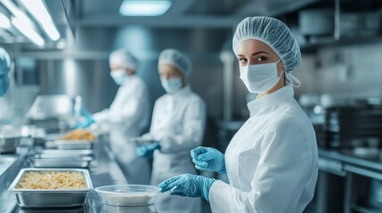 A focused kitchen environment with chefs in white uniforms, masks, and gloves preparing food while ensuring hygiene and safety in a professional setting.