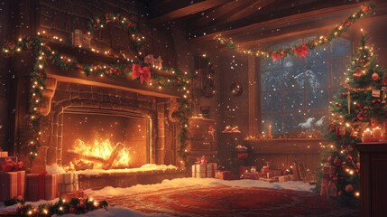 Obraz premium A cozy Christmas scene featuring a beautifully decorated fireplace, adorned with festive garlands and warm lights, radiating holiday cheer