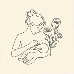 Minimalist Line Art of Mother and Baby with Floral Accents