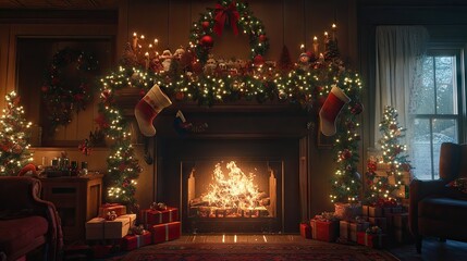 A cozy Christmas scene featuring a fireplace adorned with festive decorations, garlands, and lights,