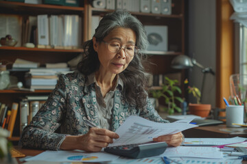Businesswoman sitting in office analyzing financial documents with calculator and charts on table.