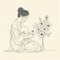 Minimalist Line Art of Mother and Baby with Floral Accents
