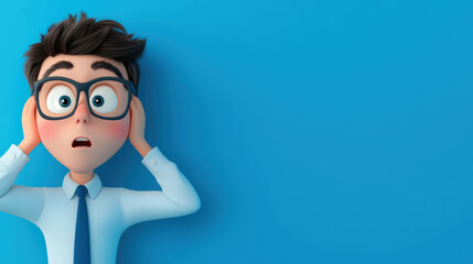 3D cartoon man holding his head in disbelief, A surprised cartoon character in glasses and a tie, expressing shock against a bright blue background. Perfect for creative projects.