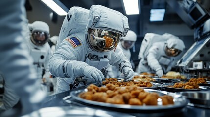 Astronauts in space suits prepare and enjoy a meal together in a spacecraft, showcasing teamwork and unique space dining experiences.