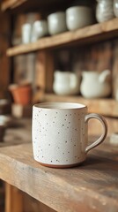 Fototapeta premium A close-up of a handmade ceramic mug with a speckled design displayed on a wooden shelf in a local gift shop