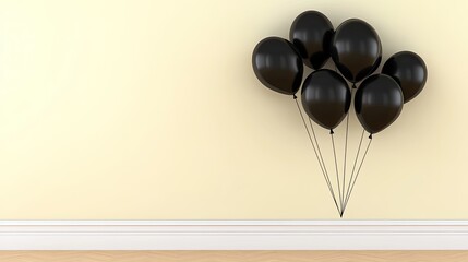 A collection of black balloons along is set against a beige background, offering ample space for text or designs