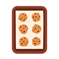 American cookies with chocolate chips on baked tray. Traditional tasty biscuits with drops on oven tray. Vector illustration in cartoon style. Isolated on white background