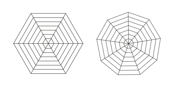 Hexagon and enneagon radar, spider diagram templates. Spider mesh. Polygon graphs. Diagram for statistic and analytic. Blank radar charts. Coaching tool. Grid black with segments. 