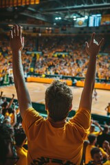 Fototapeta premium Basketball player suspended in mid-air, arms raised in celebration, surrounded by cheering crowd in large stadium. High-energy sports event captured in high-resolution photo.