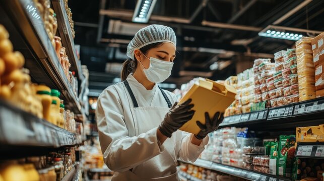 A grocery worker in a mask inspects a product while standing amidst shelves stocked with various food items.