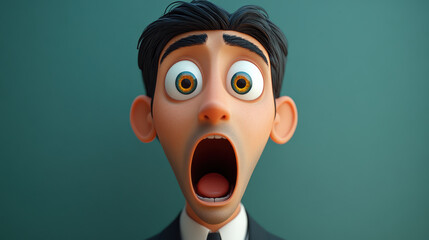 3D render of a cartoon man with a shocked expression, A surprised character with wide eyes and an open mouth, conveying shock and astonishment in a whimsical animated style.