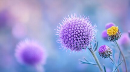 A close-up view of a prickly purple thistle flower against a soft blue background.  There's also a purple and yellow flower nearby. It's a beautiful nature scene.