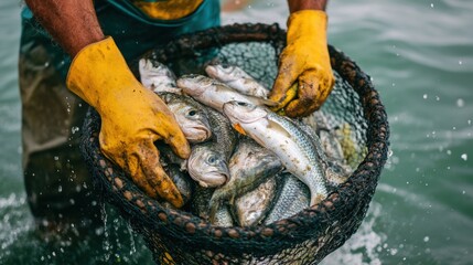 Obraz premium Fisherman Holding Fresh Catch in a Mesh Basket