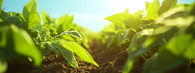 In the photo, there is an endless green field with rows of crops growing under bright sunlight and a blue sky