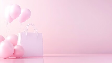 Obraz premium Pink balloons and a white bag on a pink background.Bag model, sample bag