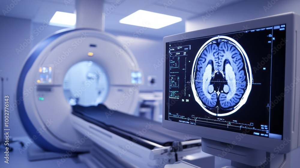 Poster A CT scan of a brain is displayed on a monitor in a hospital room