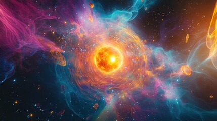Fototapeta premium A vibrant cosmic scene depicting a swirling nebula around a bright star.