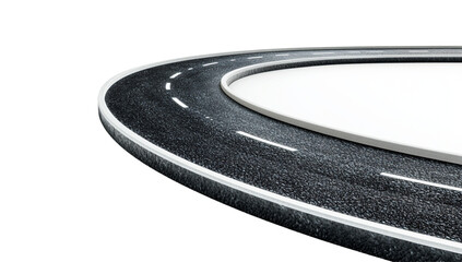 3D curved road with white lines isolated on white background.