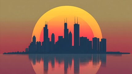 Fototapeta premium Stunning Sunset Cityscape with Silhouetted Skyscrapers Reflecting in Calm Water