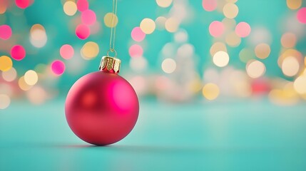 Fototapeta premium a single red Christmas ornament ball with a gold cap, hanging against a blurred background. The background is a mix of turquoise and pink colors with circular bokeh lights