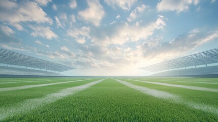 Fototapeta premium A large, empty football field with a blue sky and white clouds