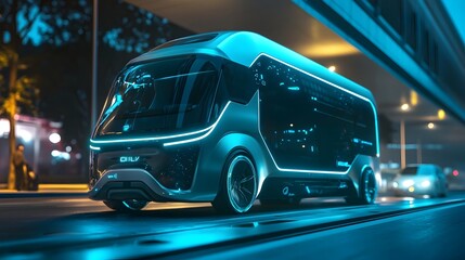 Autonomous Futuristic Delivery Van in a Neon-Lit Urban Landscape