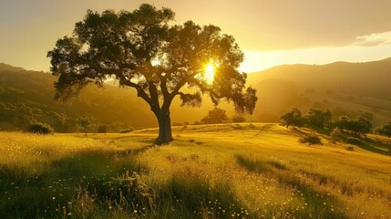 Fototapeta premium Golden Hour Landscape with Oak Tree