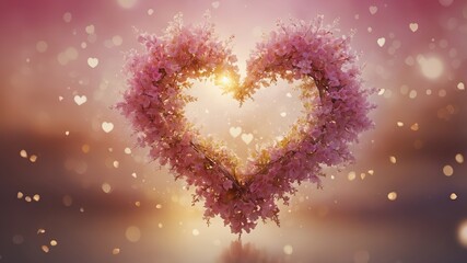 An ethereal, glowing abstract painting symbolizing a life centered on the heart, radiating warmth and peace amidst a blurred bokeh background.