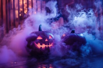 Naklejka premium Two Carved Pumpkins in a Smoky Purple and Blue Environment