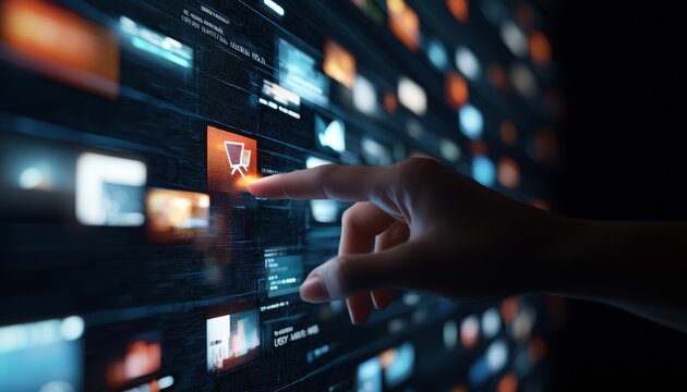 The complex ecosystem of online ads represented by a hand touching a glowing 'Ads' icon, showcasing the dynamic world of digital campaigns.