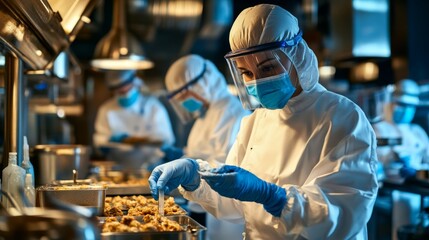 A kitchen scene with chefs in protective gear, preparing food while ensuring safety and hygiene in a bustling environment.