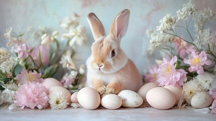 Obraz premium Peaceful and Gentle Easter Bunny Surrounded by Blooming Pastel Flowers Eggs and Other Symbols of Faith in a Serene Spiritual and Whimsical Spring Scene