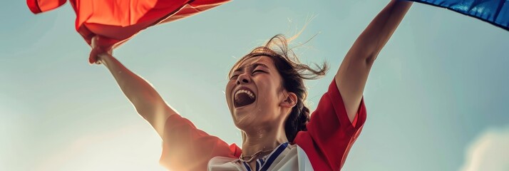 Celebrating South Korea flag, a woman stands out against clear blue sky. She wears vibrant red shirt and raises arms in excitement, sunglasses resting on her head, capturing joyful moment.