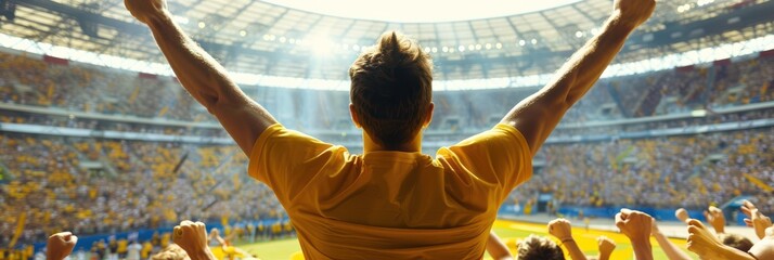 Soccer player celebrates goal in stadium. Athlete raises arms high, surrounded by teammates and cheering fans. Exciting sports moment captured from behind player perspective.