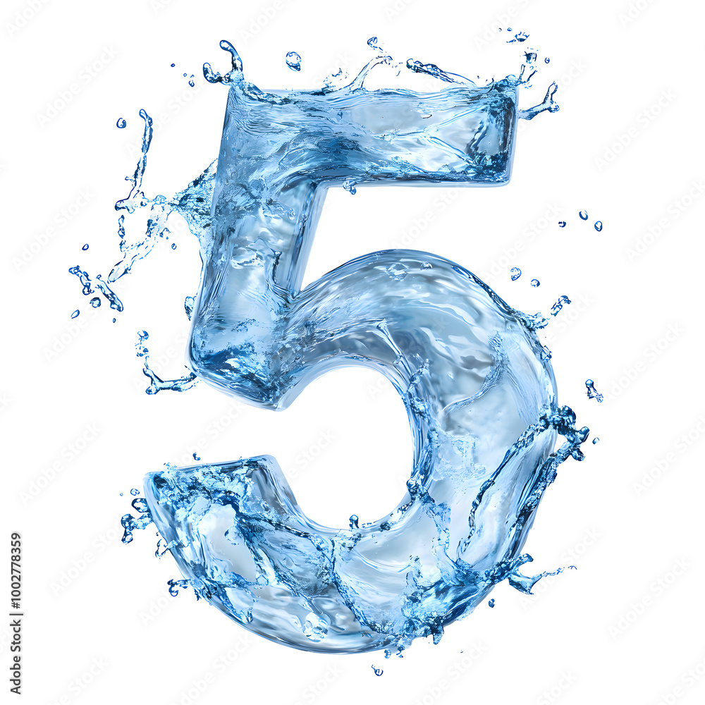 Poster Energetic splash of blue water in the shape of the number 5 symbol against a clean white background,creating a dynamic and visually striking digital art composition.