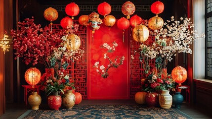 Vibrant Chinese New Year Backdrop with Colorful Lanterns Red Decor and Cultural Symbols of Joy and Prosperity  Festive and auspicious setting for lunar new year festival