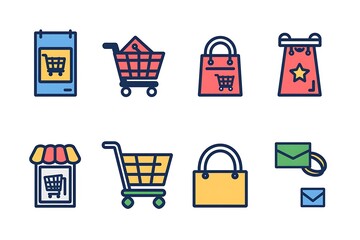 Set of minimalist e-commerce icons designed with clean lines and simple shapes, representing shopping