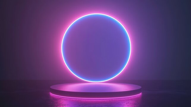 Mockup of a 3D product stand with glowing light and podium. A large, glowing, purple and blue circle is the main focus of the image