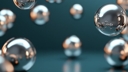 A collection of shiny silver spheres floating in the air