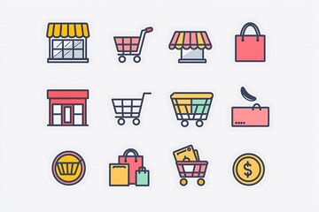 Set of minimalist e-commerce icons designed with clean lines and simple shapes, representing shopping