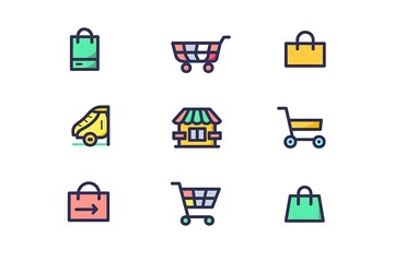 Set of minimalist e-commerce icons designed with clean lines and simple shapes, representing shopping