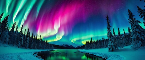 aurora borealis over snowy forest with tall trees and mountains in the distance vibrant northern lights background