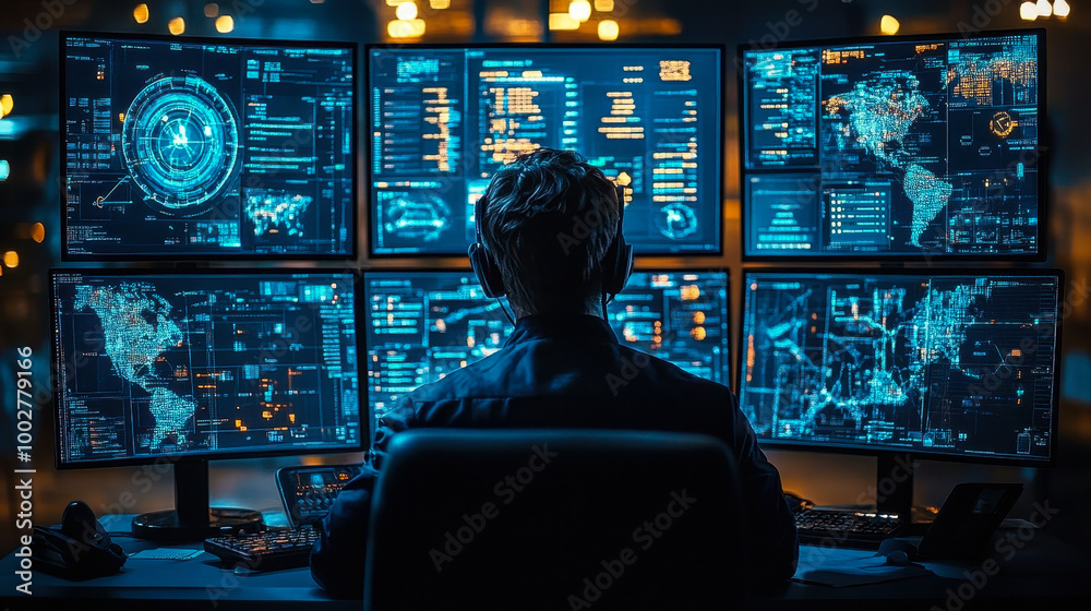 Poster nighttime cyber threat detection by cybersecurity professional monitoring real-time alerts on multip