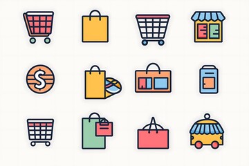 Set of minimalist e-commerce icons designed with clean lines and simple shapes, representing shopping