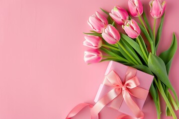 Fototapeta premium Pink Gift Box with Tulips on Pastel Background: Elegant Floral Arrangement for Spring Celebrations