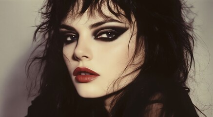 Fototapeta premium A woman with long black hair and red lipstick