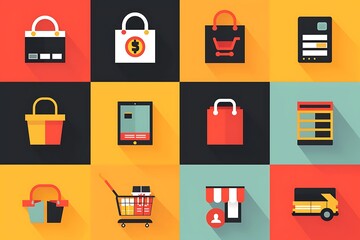 Set of minimalist e-commerce icons designed with clean lines and simple shapes, representing shopping