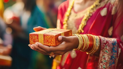 Fototapeta premium Indian Asian woman wears gold bangles on festival day receiving gift box. closeup picture, Generative Ai
