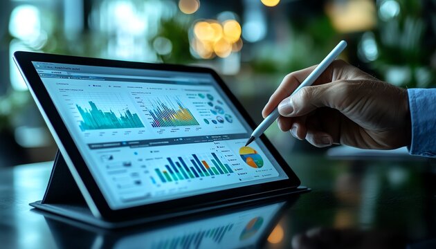 A consultant s hand holding a digital pen while reviewing a project proposal on a tablet, tablet project proposal, consulting tools