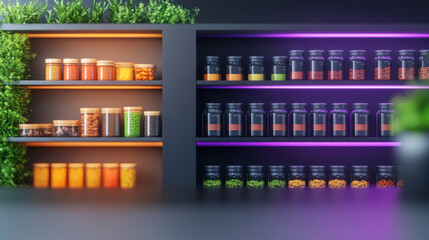 A modern pantry with glass jars filled with various colorful ingredients.